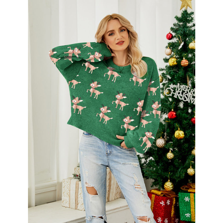 Reindeer Round Neck Long Sleeve Sweater Apparel and Accessories