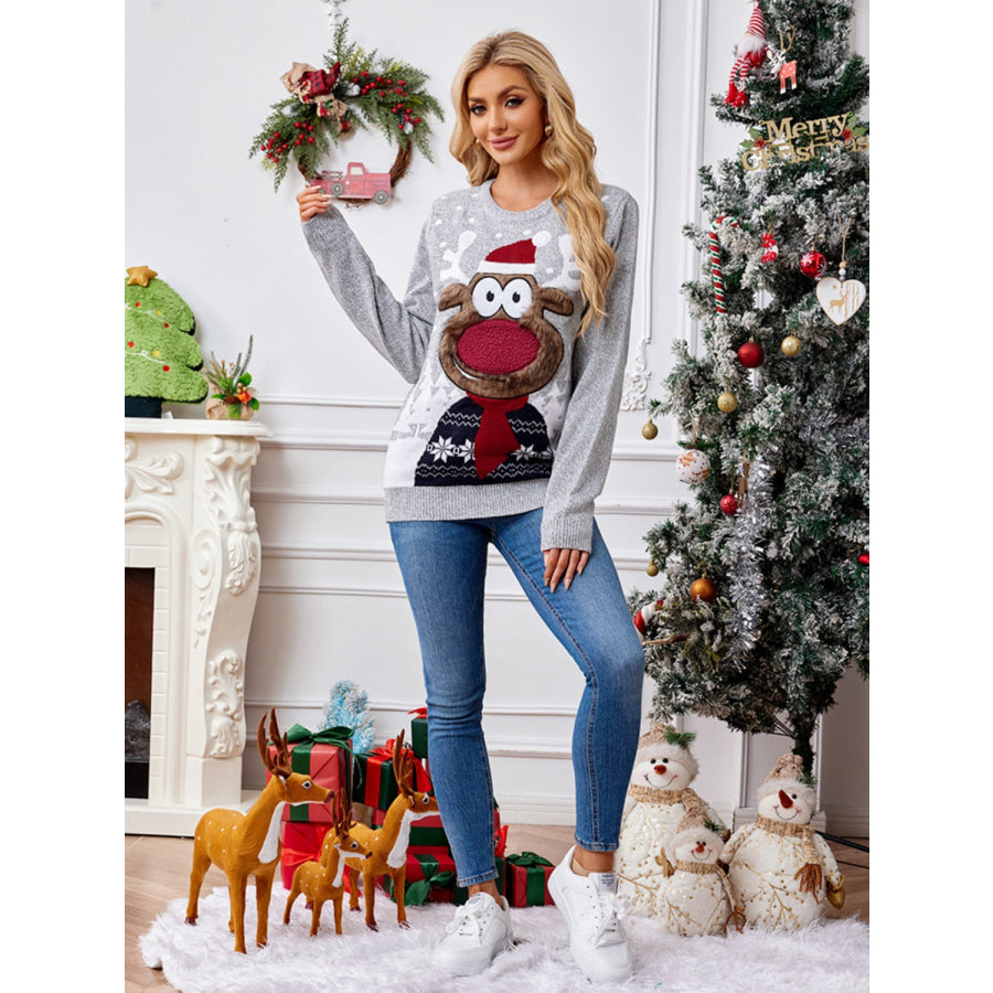 Reindeer Round Neck Long Sleeve Sweater Apparel and Accessories