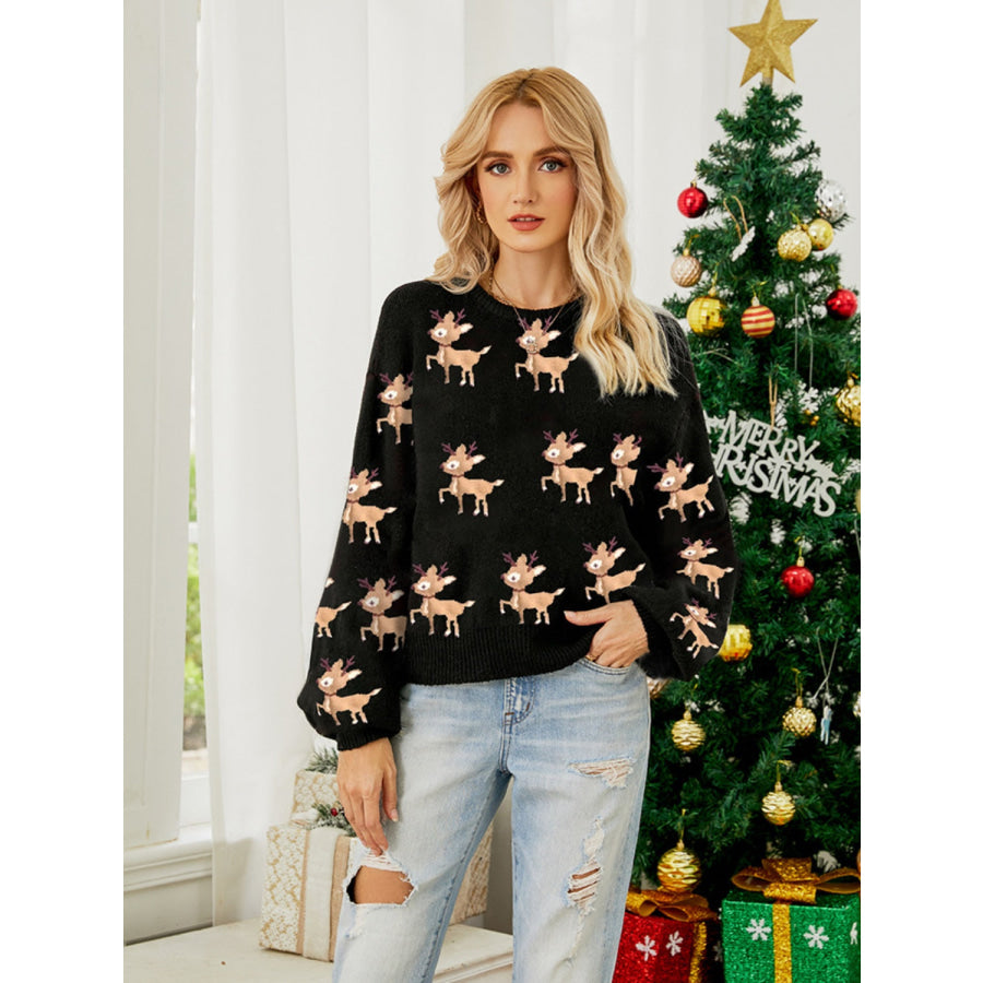 Reindeer Round Neck Long Sleeve Sweater Apparel and Accessories