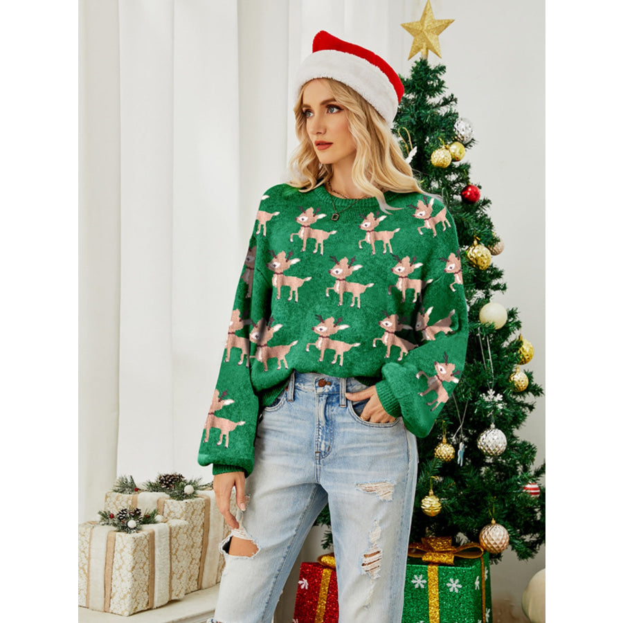 Reindeer Round Neck Long Sleeve Sweater Dark Green / S Apparel and Accessories