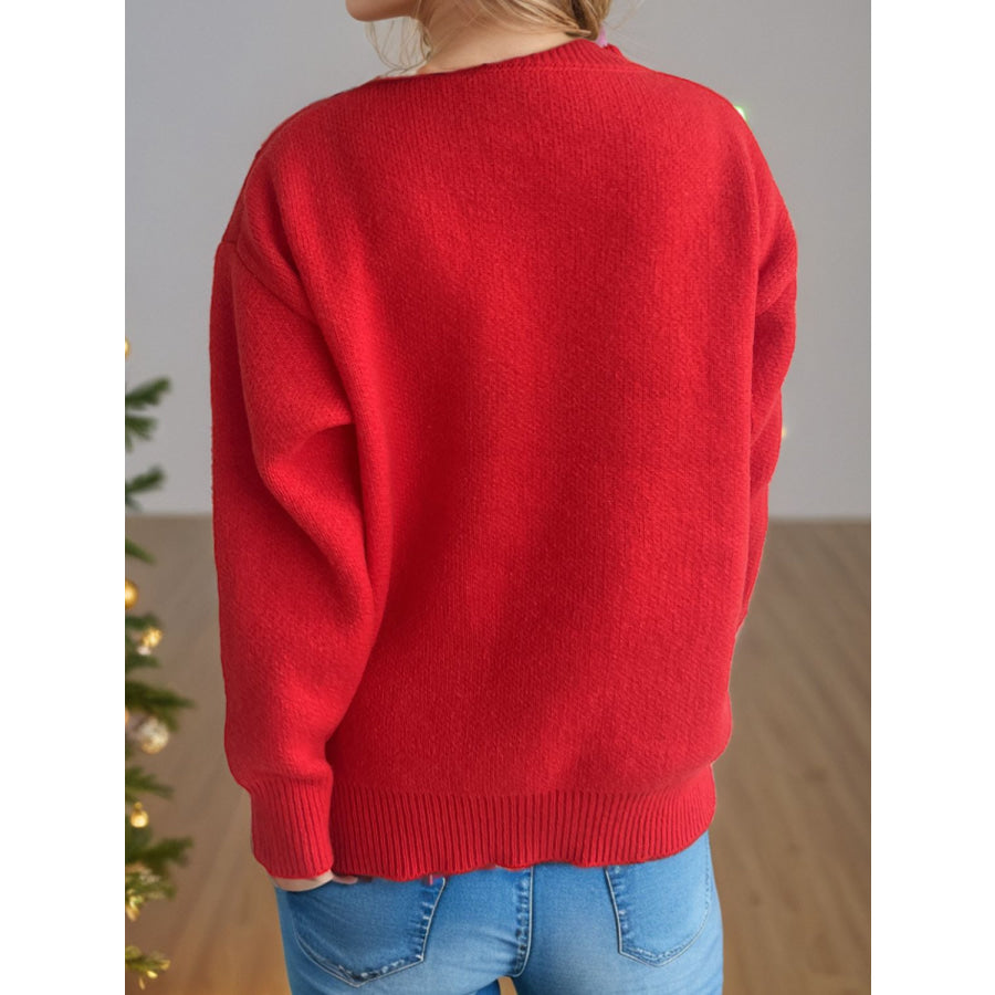 Reindeer Round Neck Long Sleeve Sweater Deep Red / One Size Apparel and Accessories