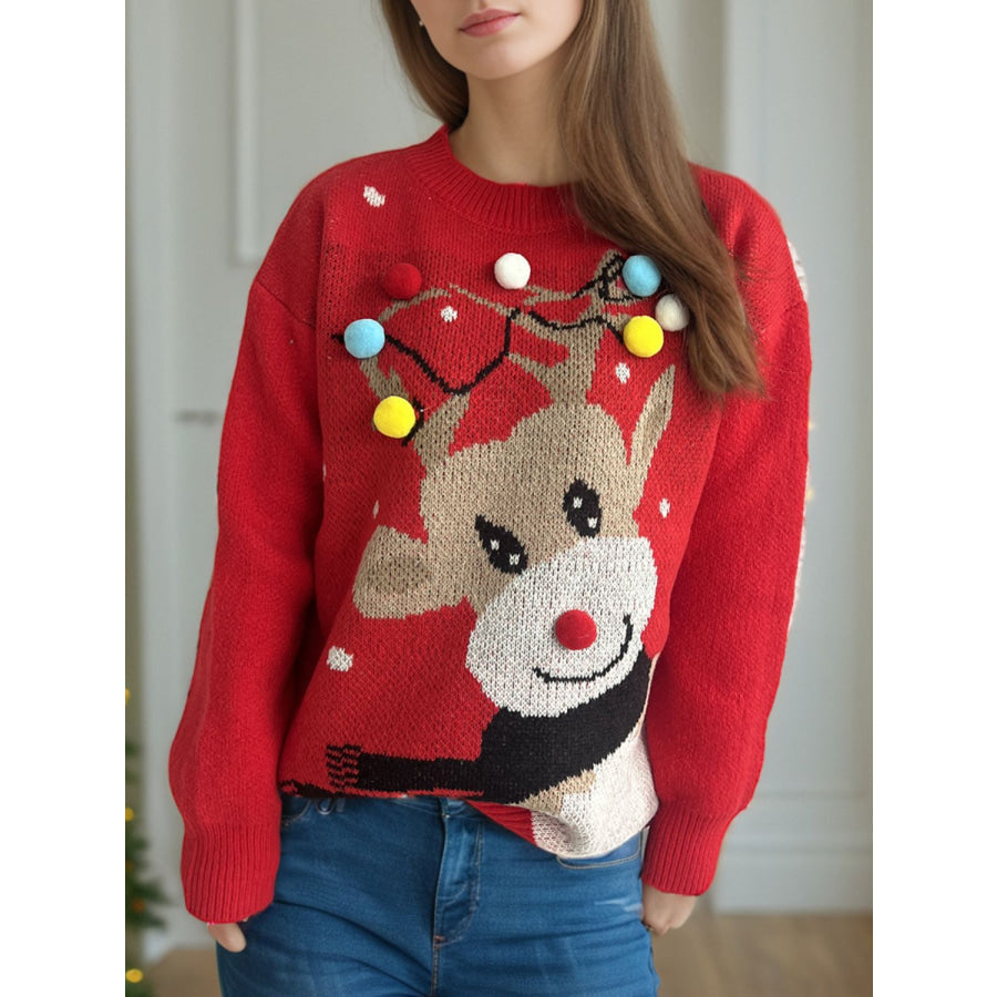 Reindeer Round Neck Long Sleeve Sweater Deep Red / One Size Apparel and Accessories