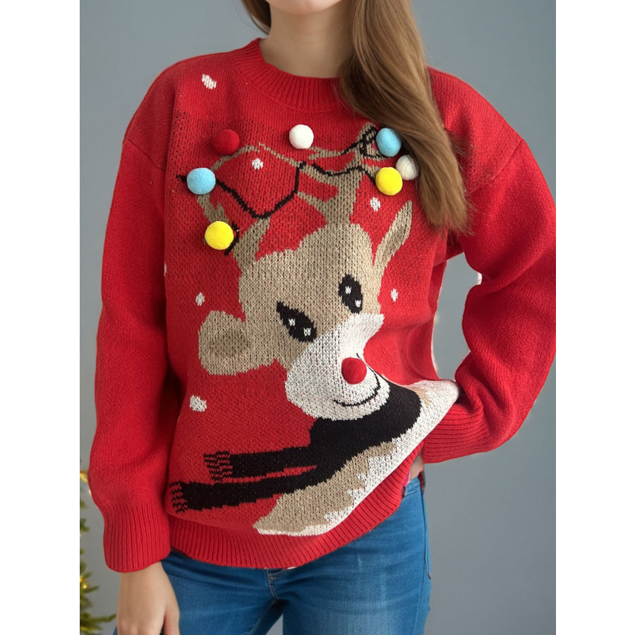 Reindeer Round Neck Long Sleeve Sweater Deep Red / One Size Apparel and Accessories