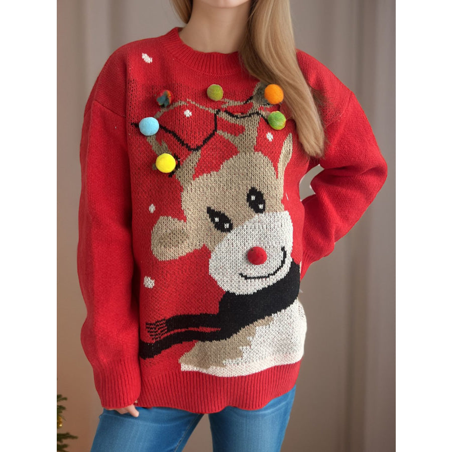 Reindeer Round Neck Long Sleeve Sweater Deep Red / One Size Apparel and Accessories