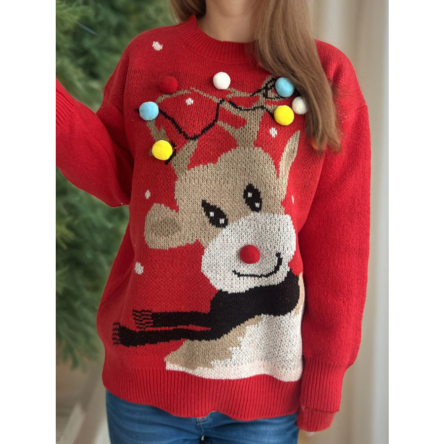 Reindeer Round Neck Long Sleeve Sweater Deep Red / One Size Apparel and Accessories