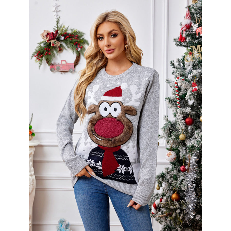 Reindeer Round Neck Long Sleeve Sweater Light Gray / S Apparel and Accessories