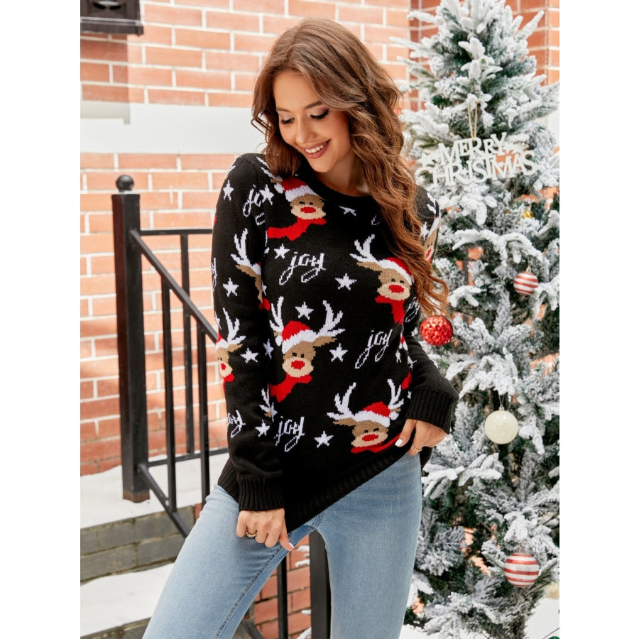 Reindeer Round Neck Sweater Black / S