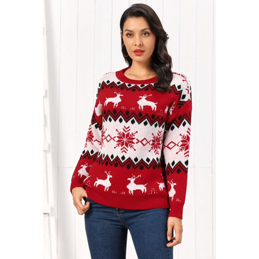 Reindeer Round Neck Sweater Deep Red / S