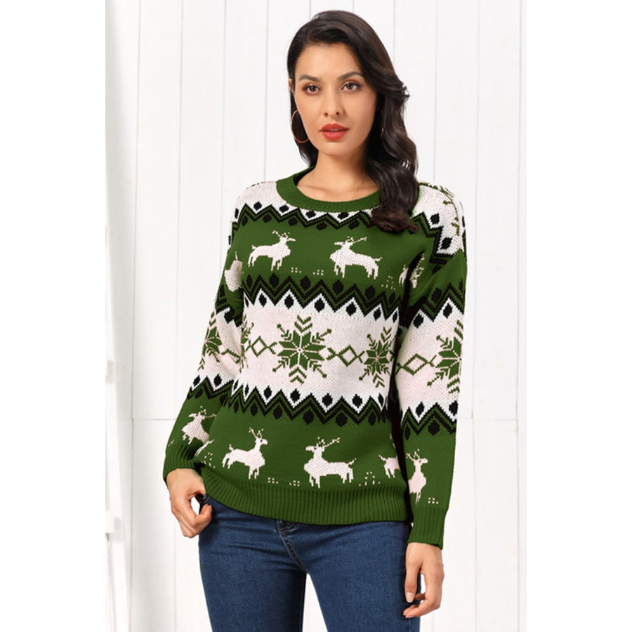 Reindeer Round Neck Sweater Green / S