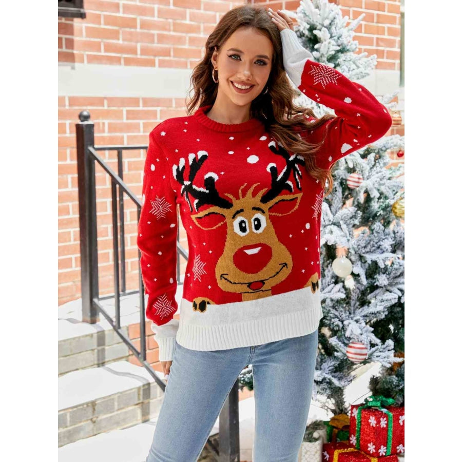 Reindeer Round Neck Sweater Red Orange / S