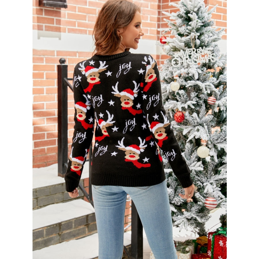 Reindeer Round Neck Sweater Black / S