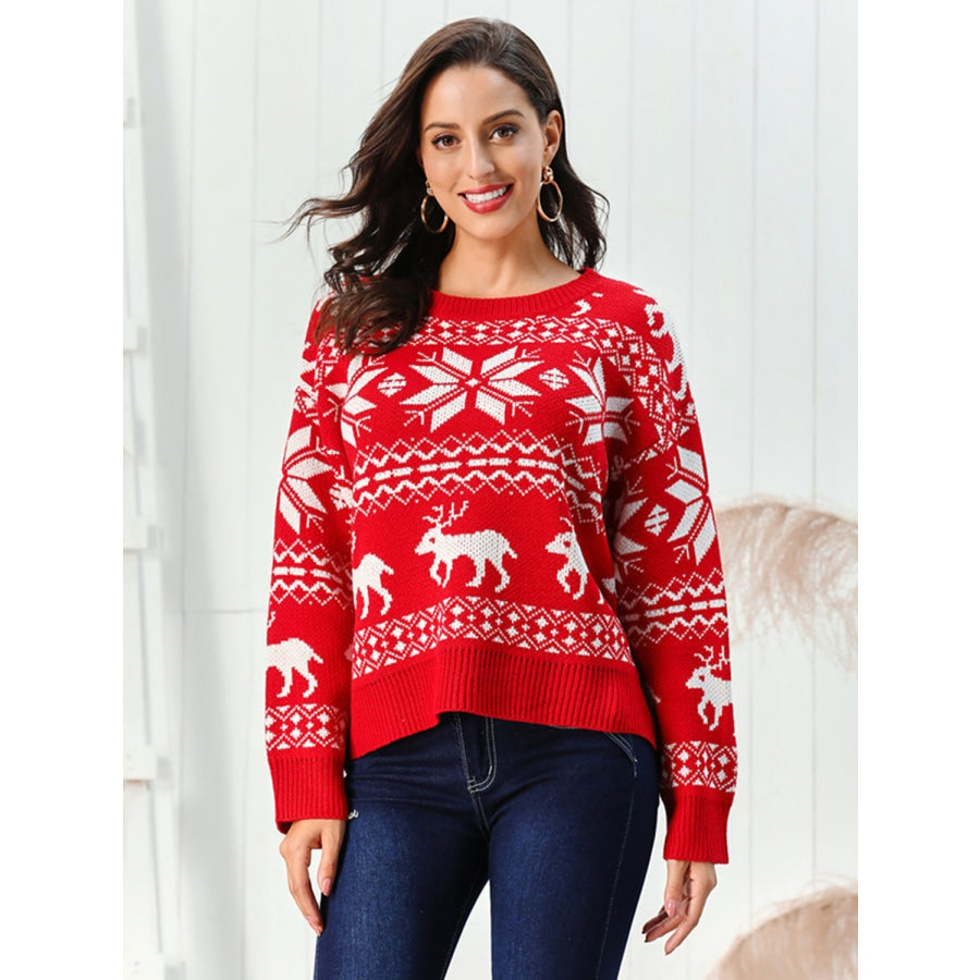 Reindeer &amp; Snowflake Round Neck Sweater Red / S