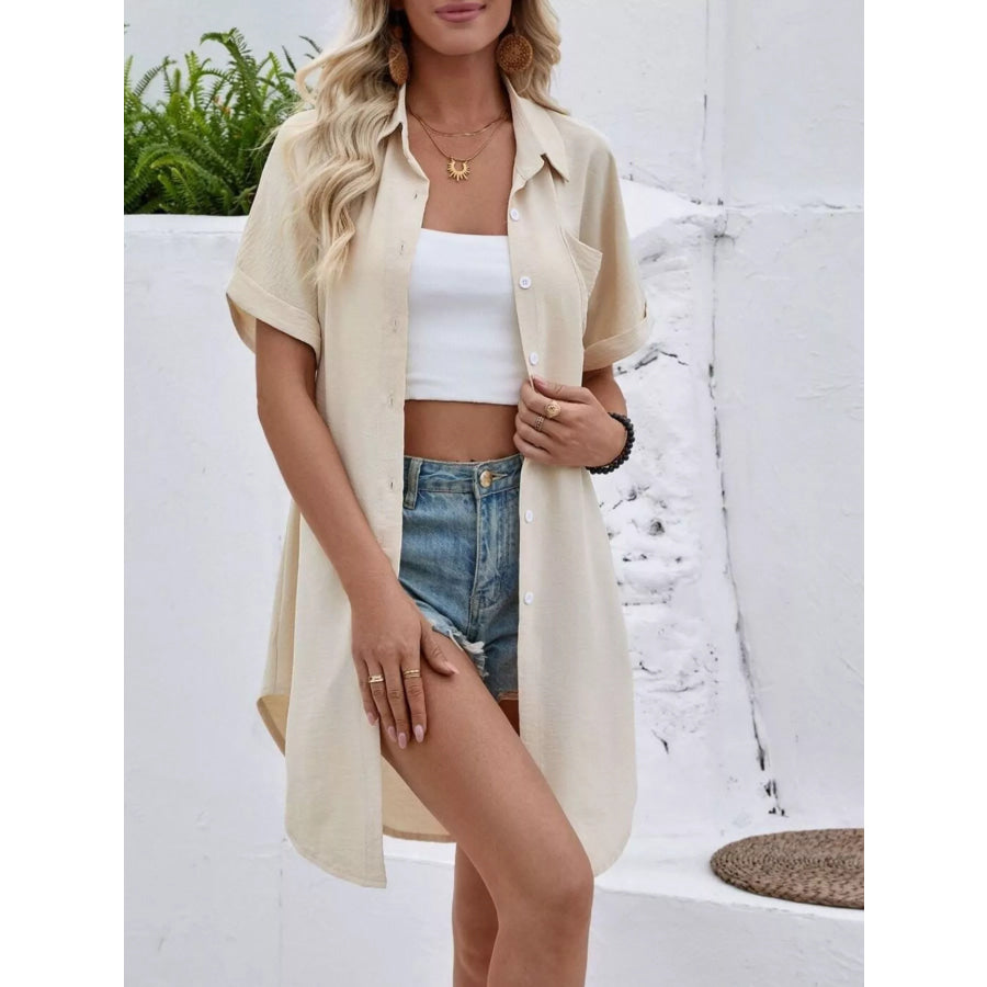 Relaxed Fit Button-Down Longline Shirt Beige / S Apparel and Accessories