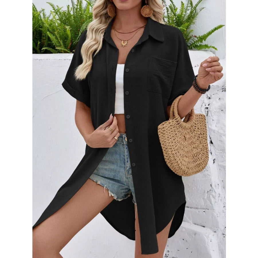 Relaxed Fit Button-Down Longline Shirt Black / S Apparel and Accessories