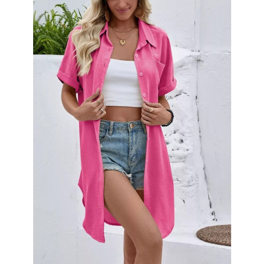 Relaxed Fit Button-Down Longline Shirt Hot Pink / S Apparel and Accessories