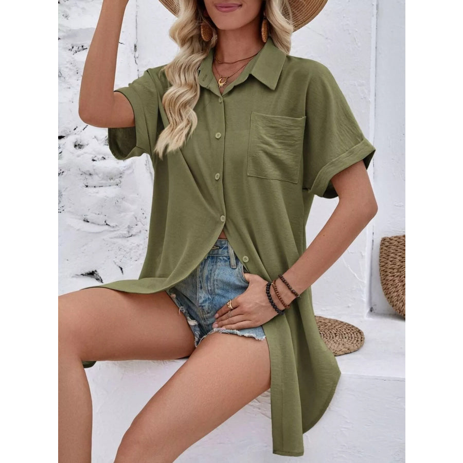 Relaxed Fit Button-Down Longline Shirt Moss / S Apparel and Accessories