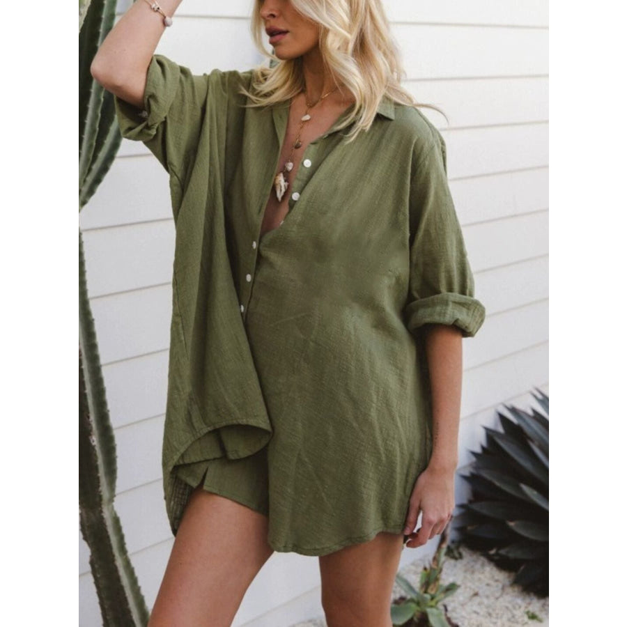 Relaxed Fit Button-Down Shirt Dress Green / S Apparel and Accessories