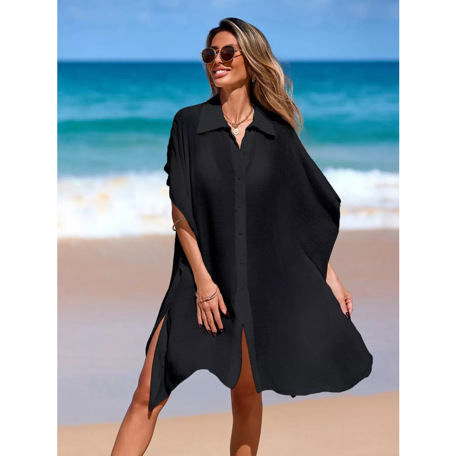 Relaxed Fit Button Up Cover-Up Dress Black / One Size Apparel and Accessories