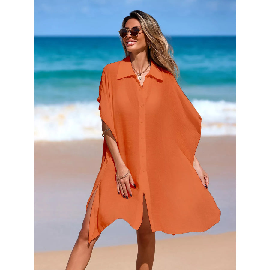 Relaxed Fit Button Up Cover-Up Dress Orange / One Size Apparel and Accessories