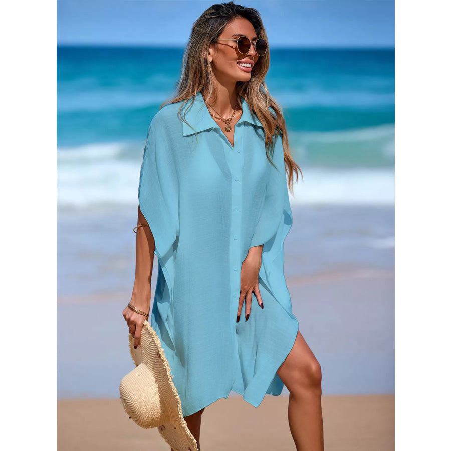 Relaxed Fit Button Up Cover-Up Dress Pastel Blue / One Size Apparel and Accessories