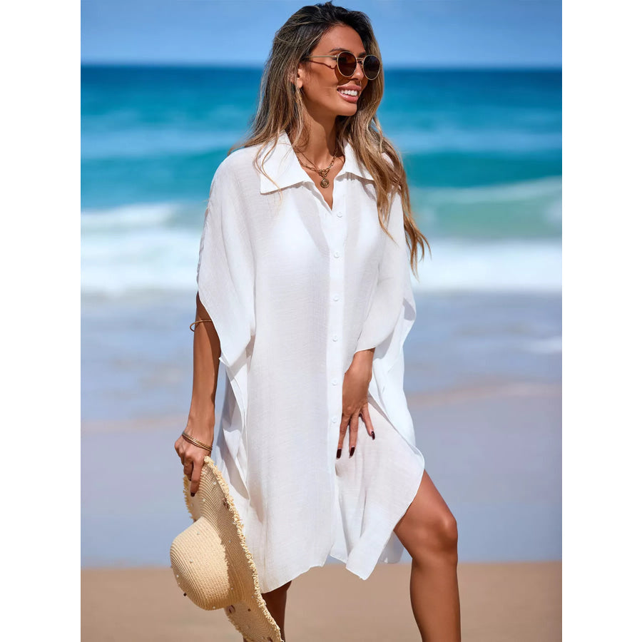 Relaxed Fit Button Up Cover-Up Dress White / One Size Apparel and Accessories
