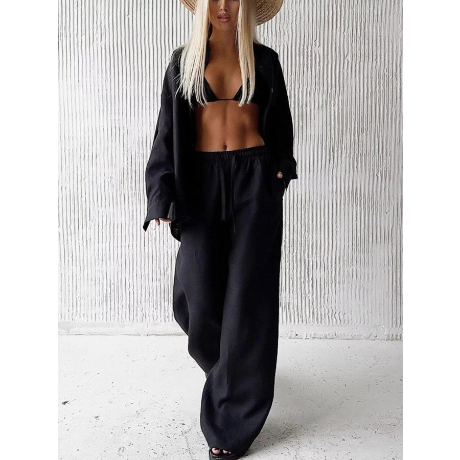 Relaxed Fit Button Up Shirt and Pants Two-Piece Set Apparel and Accessories