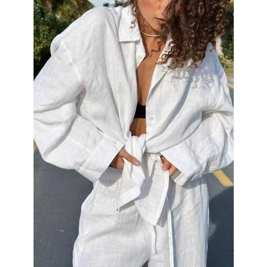 Relaxed Fit Button Up Shirt and Pants Two-Piece Set Apparel and Accessories
