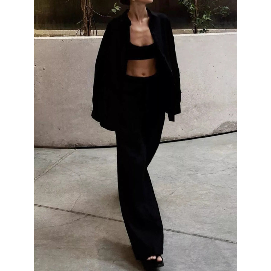 Relaxed Fit Button Up Shirt and Pants Two-Piece Set Apparel and Accessories