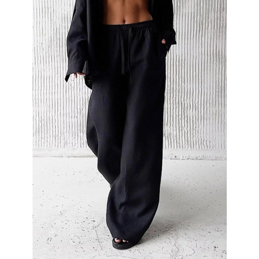 Relaxed Fit Button Up Shirt and Pants Two-Piece Set Apparel and Accessories