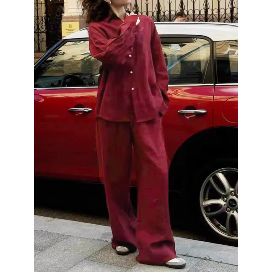Relaxed Fit Button Up Shirt and Pants Two-Piece Set Apparel and Accessories