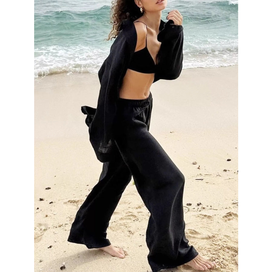 Relaxed Fit Button Up Shirt and Pants Two-Piece Set Apparel and Accessories