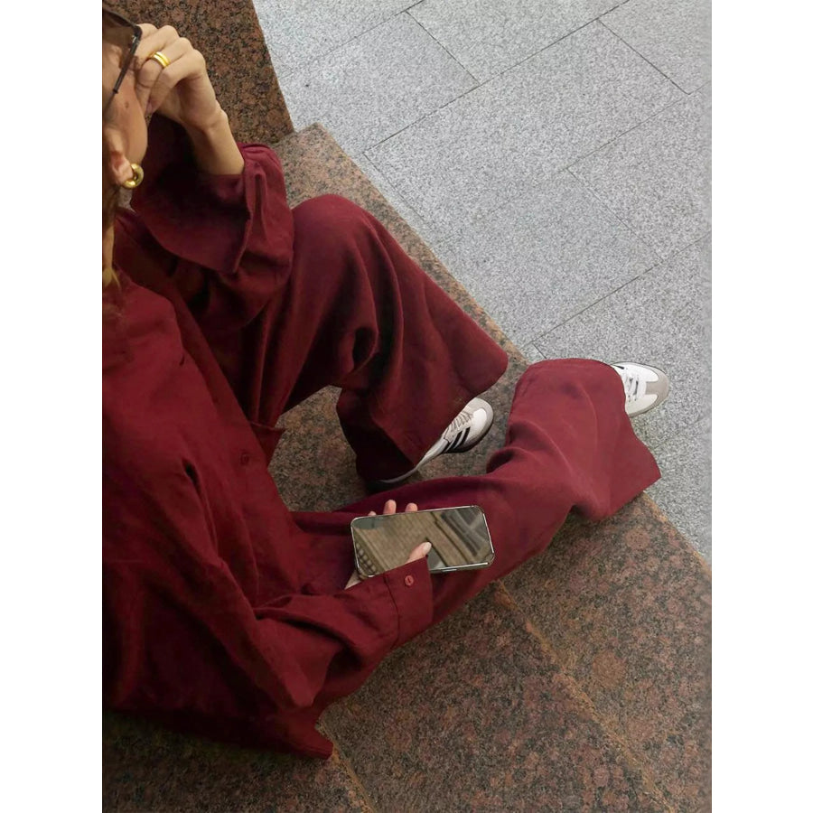 Relaxed Fit Button Up Shirt and Pants Two-Piece Set Apparel and Accessories