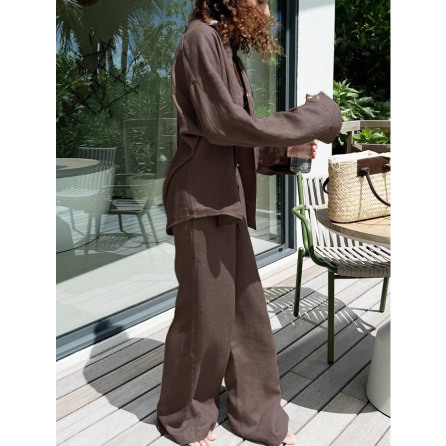 Relaxed Fit Button Up Shirt and Pants Two-Piece Set Apparel and Accessories