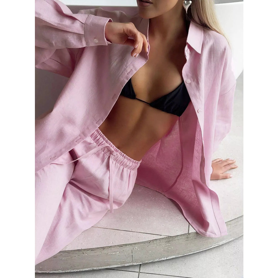 Relaxed Fit Button Up Shirt and Pants Two-Piece Set Apparel and Accessories