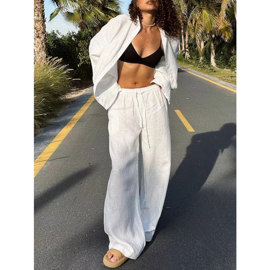 Relaxed Fit Button Up Shirt and Pants Two-Piece Set Apparel and Accessories
