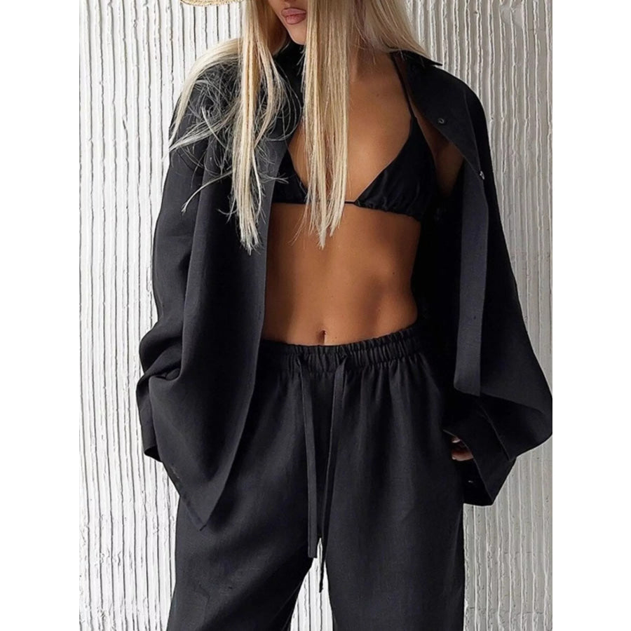 Relaxed Fit Button Up Shirt and Pants Two-Piece Set Apparel and Accessories
