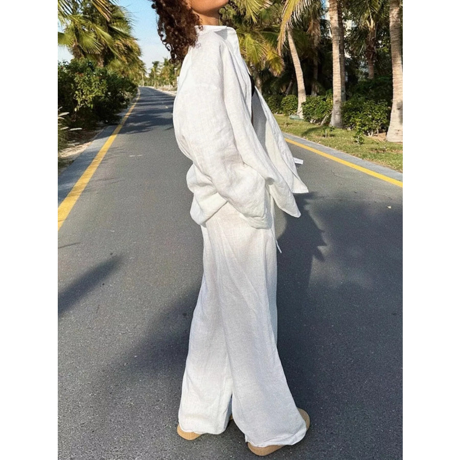 Relaxed Fit Button Up Shirt and Pants Two-Piece Set Apparel and Accessories
