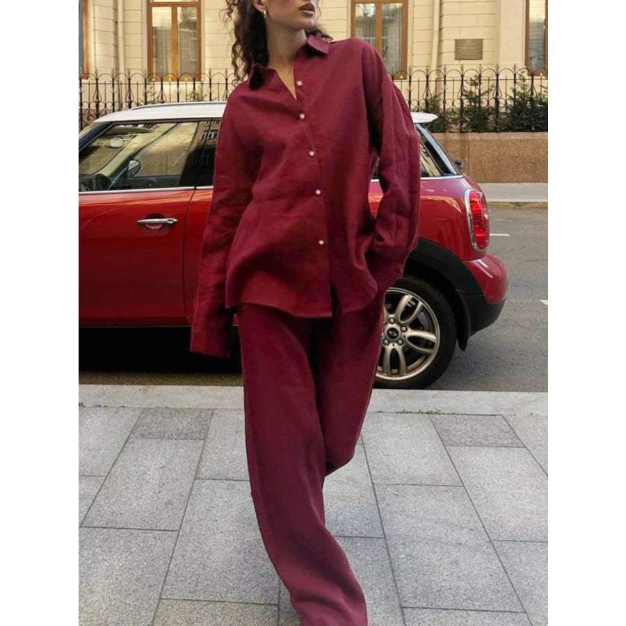Relaxed Fit Button Up Shirt and Pants Two-Piece Set Apparel and Accessories