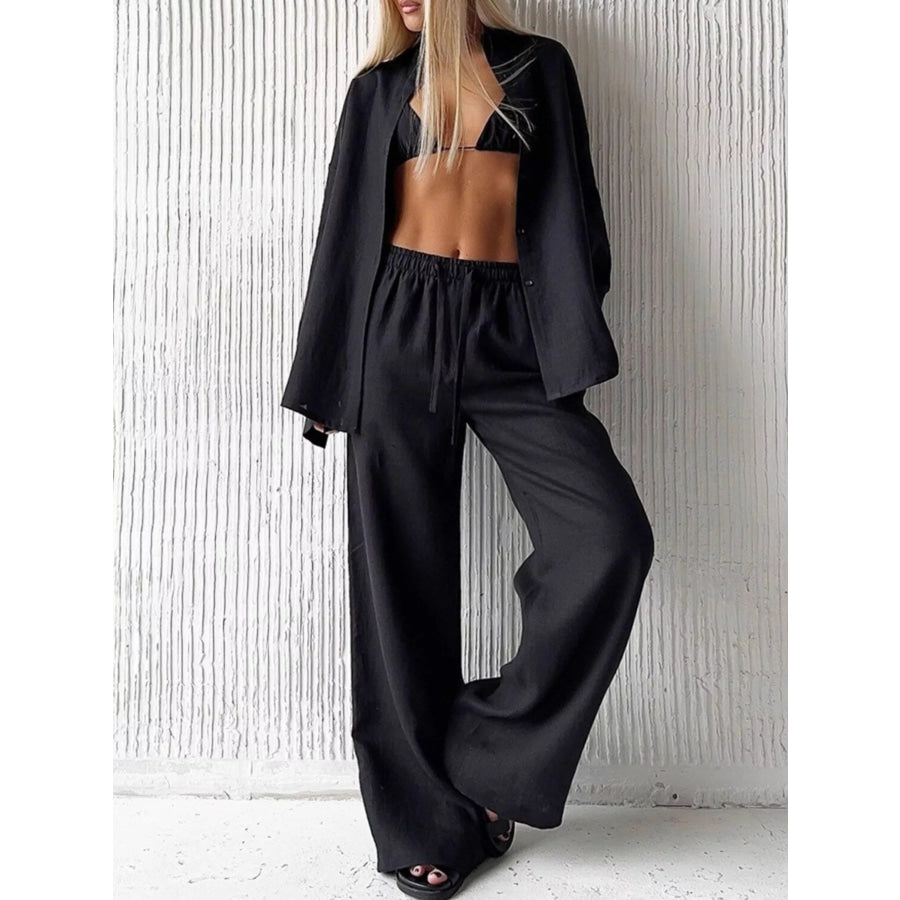 Relaxed Fit Button Up Shirt and Pants Two-Piece Set Black / S Apparel and Accessories