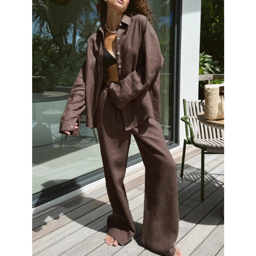 Relaxed Fit Button Up Shirt and Pants Two-Piece Set Brown / S Apparel and Accessories