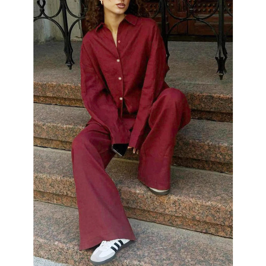 Relaxed Fit Button Up Shirt and Pants Two-Piece Set Burgundy / S Apparel and Accessories