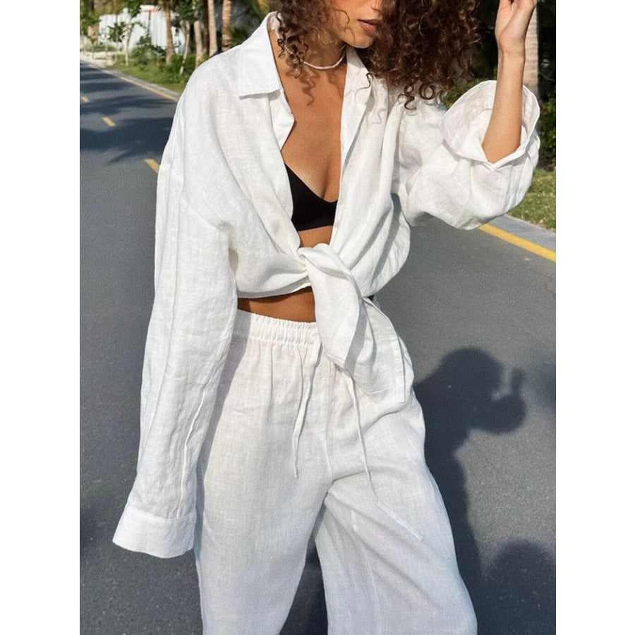 Relaxed Fit Button Up Shirt and Pants Two-Piece Set Gray/white / S Apparel and Accessories