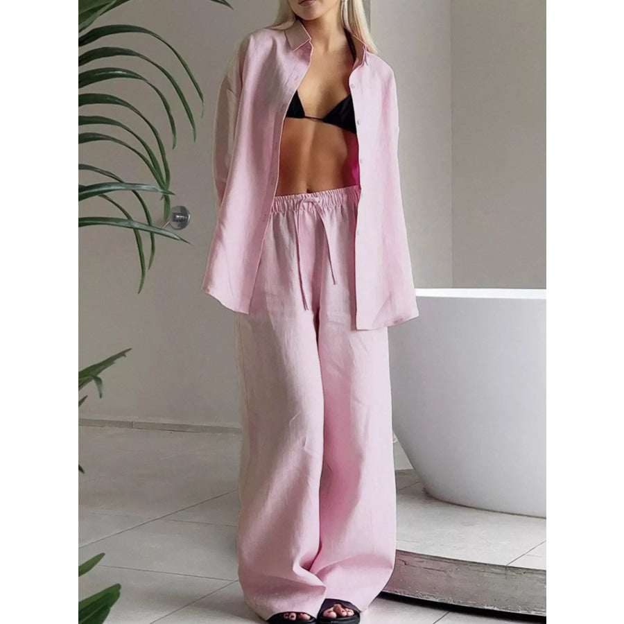 Relaxed Fit Button Up Shirt and Pants Two-Piece Set Pink / S Apparel and Accessories