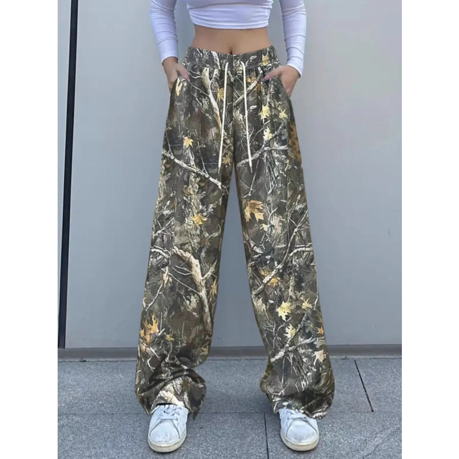 Relaxed Fit Camo Print Drawstring Waist Pants Green / S Apparel and Accessories