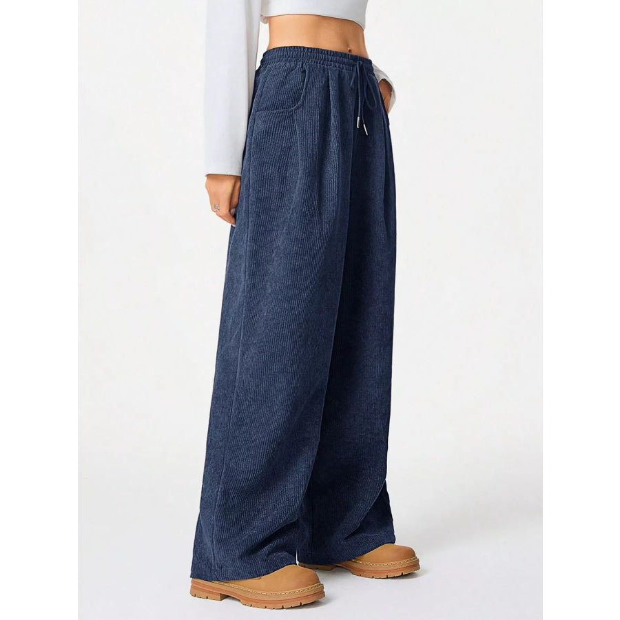 Relaxed Fit Corduroy Pants with Drawstring Blue / S Apparel and Accessories