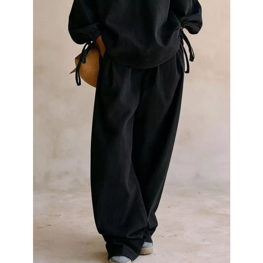 Relaxed Fit Drawstring Sleeve Detail Top and Pants Denim Set Black / S