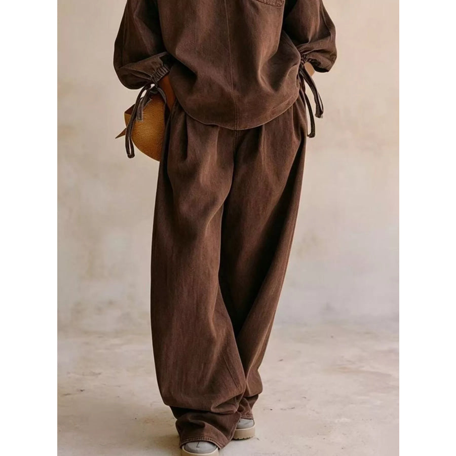 Relaxed Fit Drawstring Sleeve Detail Top and Pants Denim Set Brown / S