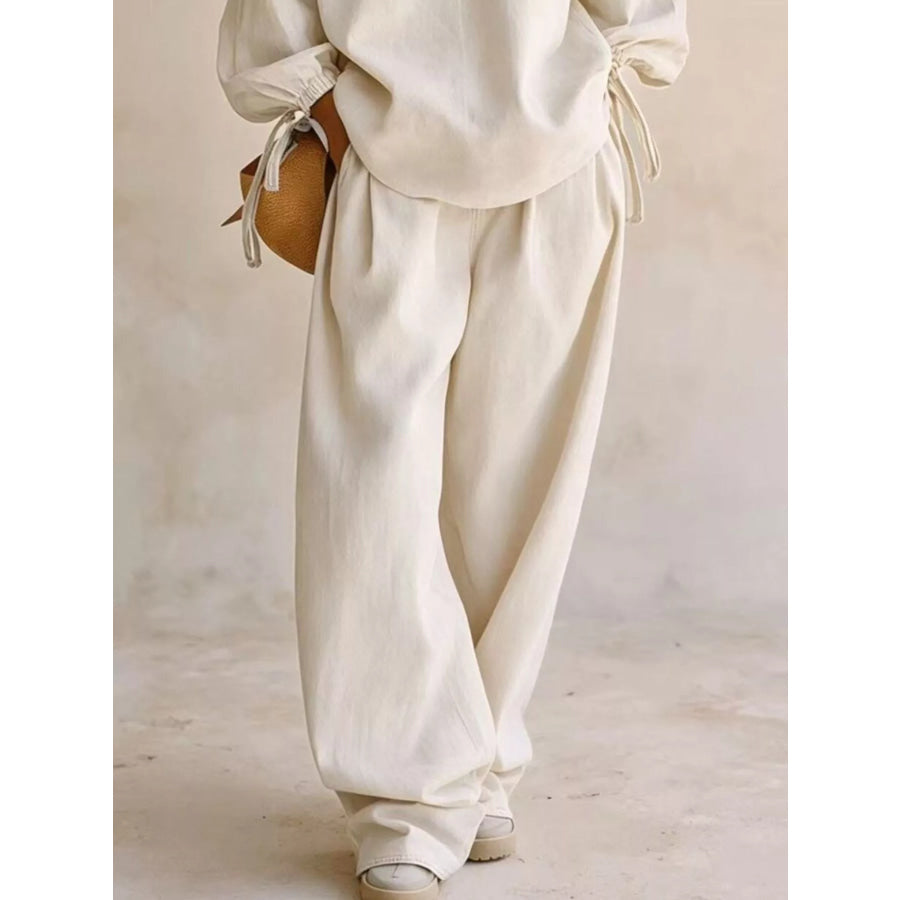 Relaxed Fit Drawstring Sleeve Detail Top and Pants Denim Set Cream / S