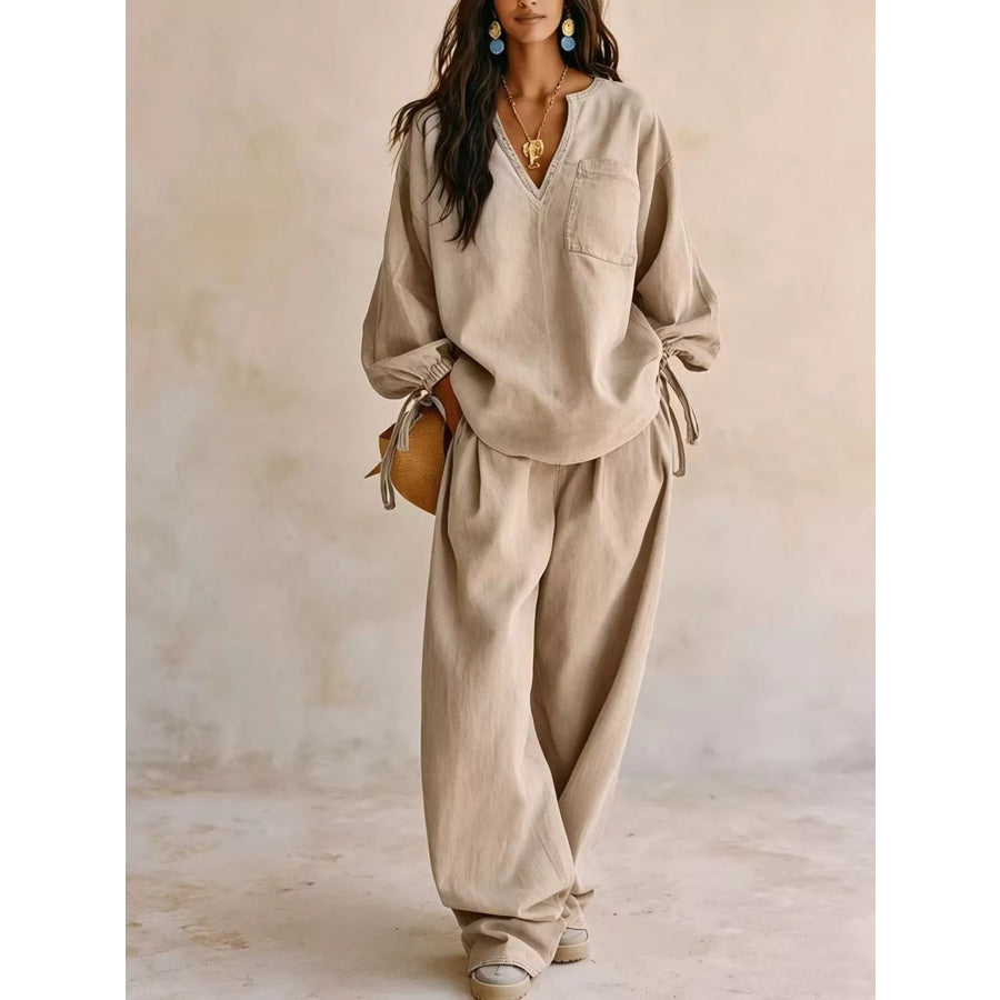 Relaxed Fit Drawstring Sleeve Detail Top and Pants Denim Set Khaki / S