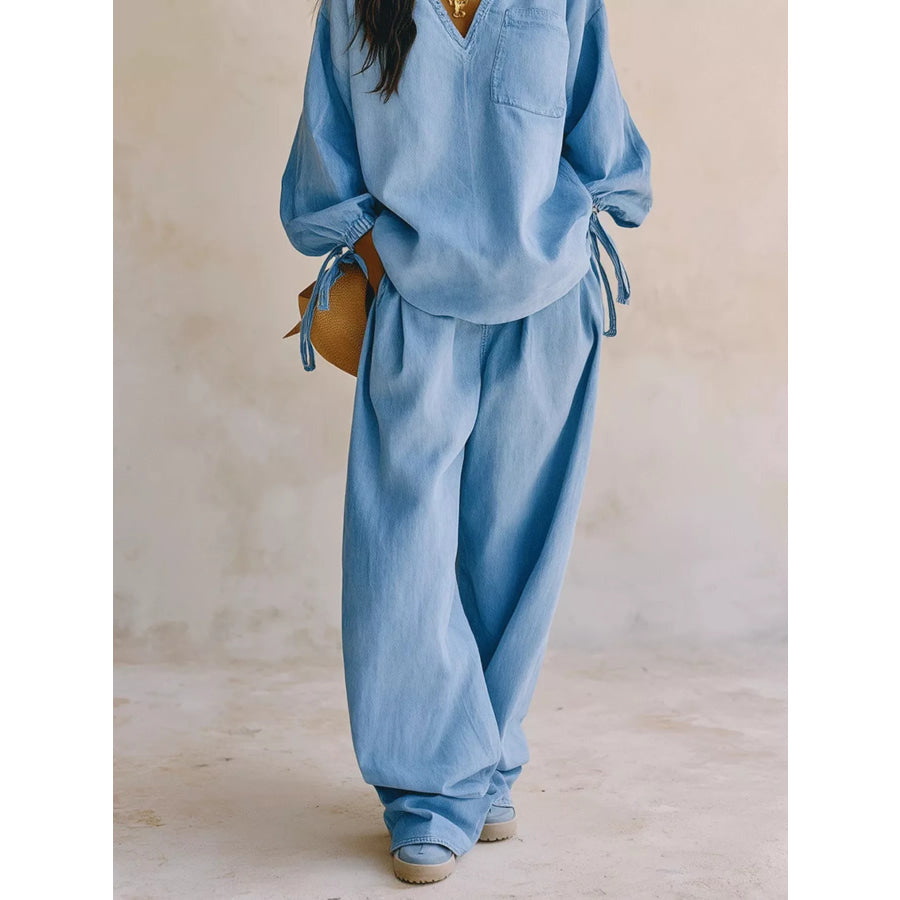 Relaxed Fit Drawstring Sleeve Detail Top and Pants Denim Set Light Blue / S